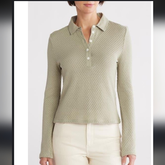 Rag & Bone Carine Open Stitch Cotton Collared Polo Green...